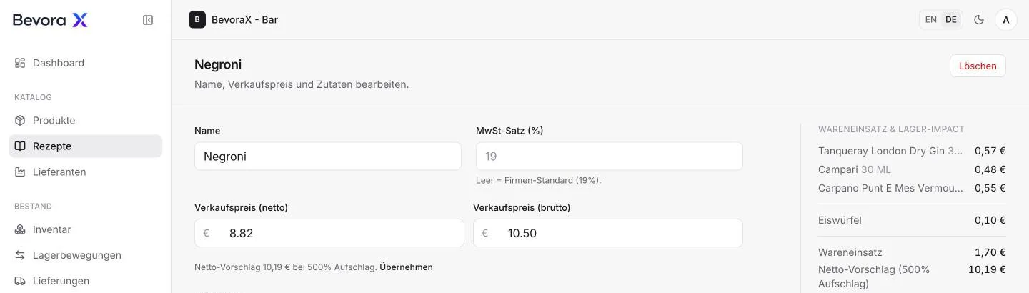 Rezept-Editor in BevoraX: Negroni mit Wareneinsatz je Zutat und Netto-Preisvorschlag