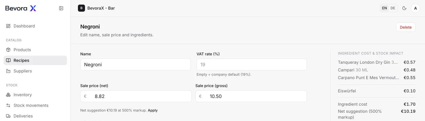 BevoraX recipe editor: a Negroni with cost per ingredient and suggested net price